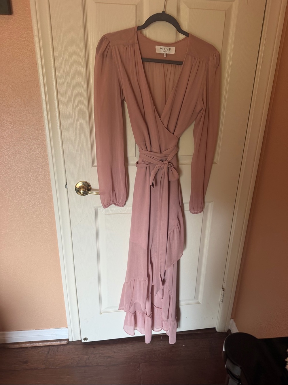 WAYF Blush Pink Long-Sleeve Wrap Maxi Dress